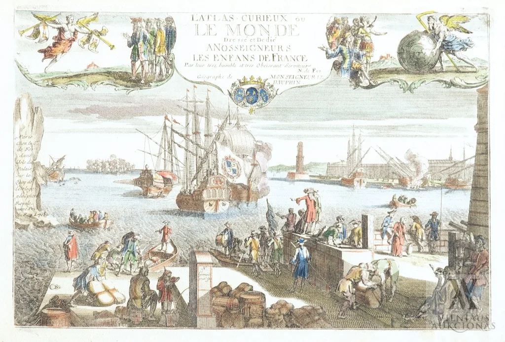 Nicholas de Fer – Antraštinis lapas (frontispisas) iš Lâ€™atlas curieux ou le Monde dressé et dedié a nos seigneurs les enfans de France