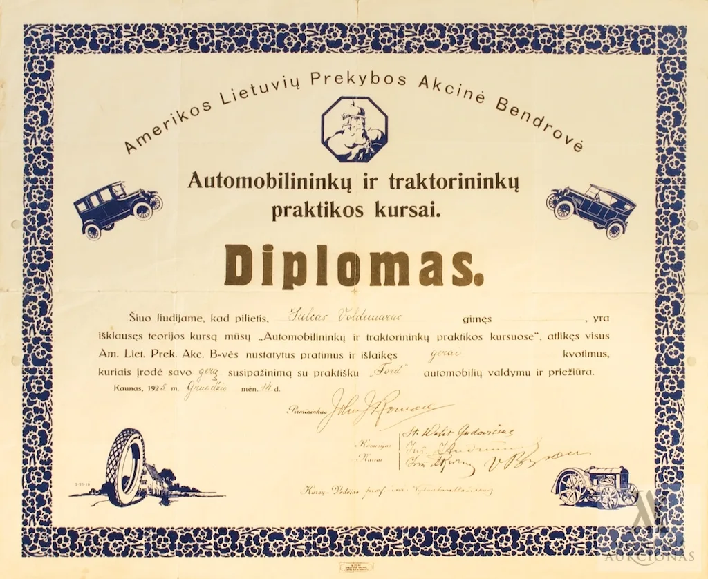Amerikos Lietuvių Prekybos AB Automobilių ir traktorininkų prakt. kursai – Diplomas