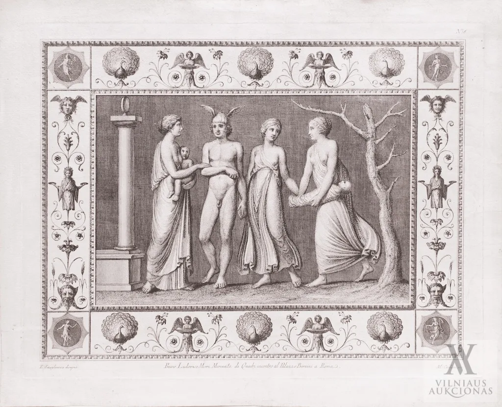 Pranciškus Smuglevičius – Antikinė scena (Nr. 16) Iš Lodovico Mirri išleisto Nerono Aukso rūmų (klaidingai vadintų Tito termomis) freskų albumo (1776-1787)