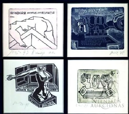 Vincas Kisarauskas – 4 ekslibrisai iš įvairių kūrybos laikotarpių (Antanas Martinaitis, VUB grafikos kabinetas, Herber Blokland, Rajmund Lewandowski)