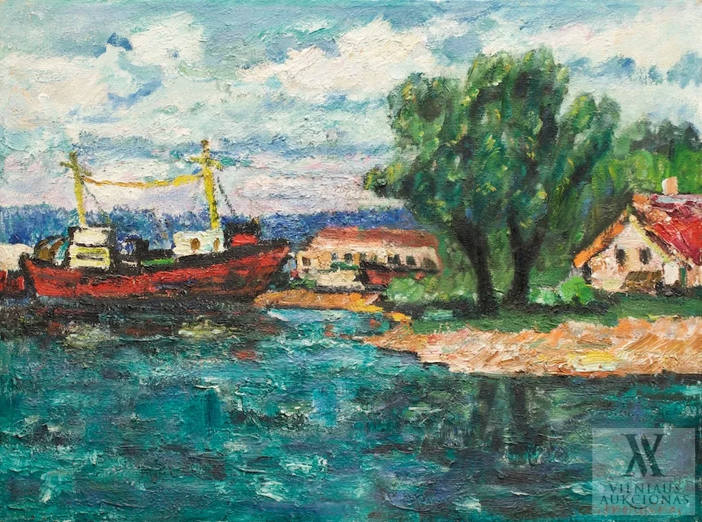 Alfonsas Motiejūnas – Pakrantės peizažas su laivu