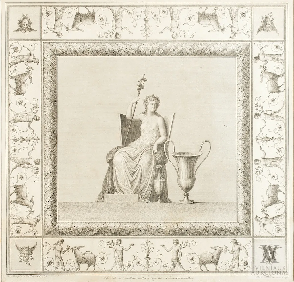 Pranciškus Smuglevičius – Antikinė scena (Nr. 23) iš Lodovico Mirri išleisto Nerono Aukso rūmų (klaidingai vadintų Tito termomis) freskų albumo (1776–1787)