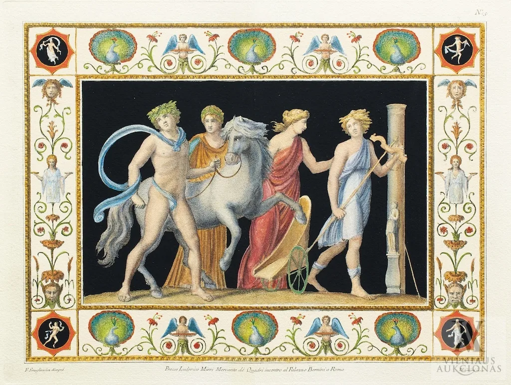 Pranciškus Smuglevičius – Antikinė scena (Nr. 13) Iš Lodovico Mirri išleisto Nerono Aukso rūmų (klaidingai vadintų Tito termomis) freskų albumo (1776-1787)