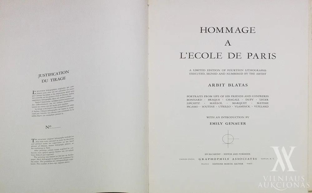 Neemija Arbit Blatas – Hommage a l‘École de Paris (aplankas su įvadiniu Emily Genauer tekstu ir 14 litografijų su Bonnard, Braque, Chagall, Dufy, Leger, Lipchitz, Maillol, Marquet, Matisse, Picasso, Soutine, Utrillo, Vlaminck, Vuillard portretais)