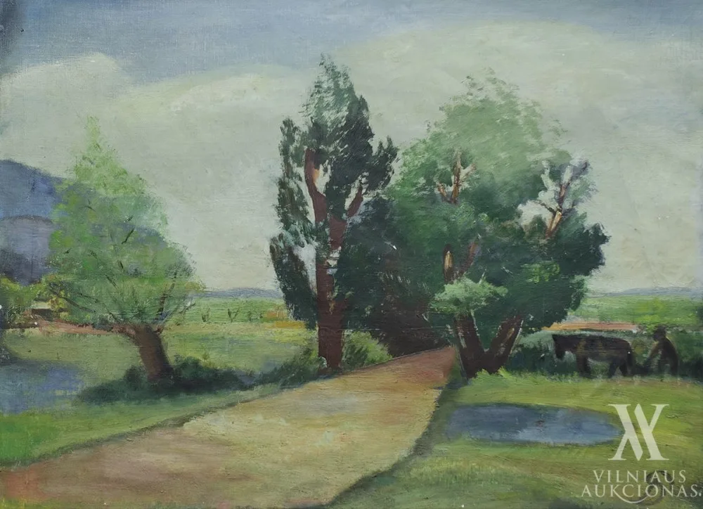 Pranas Domšaitis – Peizažas su keliu ir artoju (KP – gėlių natiurmortas)