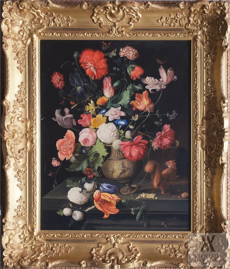 Franz Xaver Pieler – Natiurmortas su gėlių vaza ir voveraite