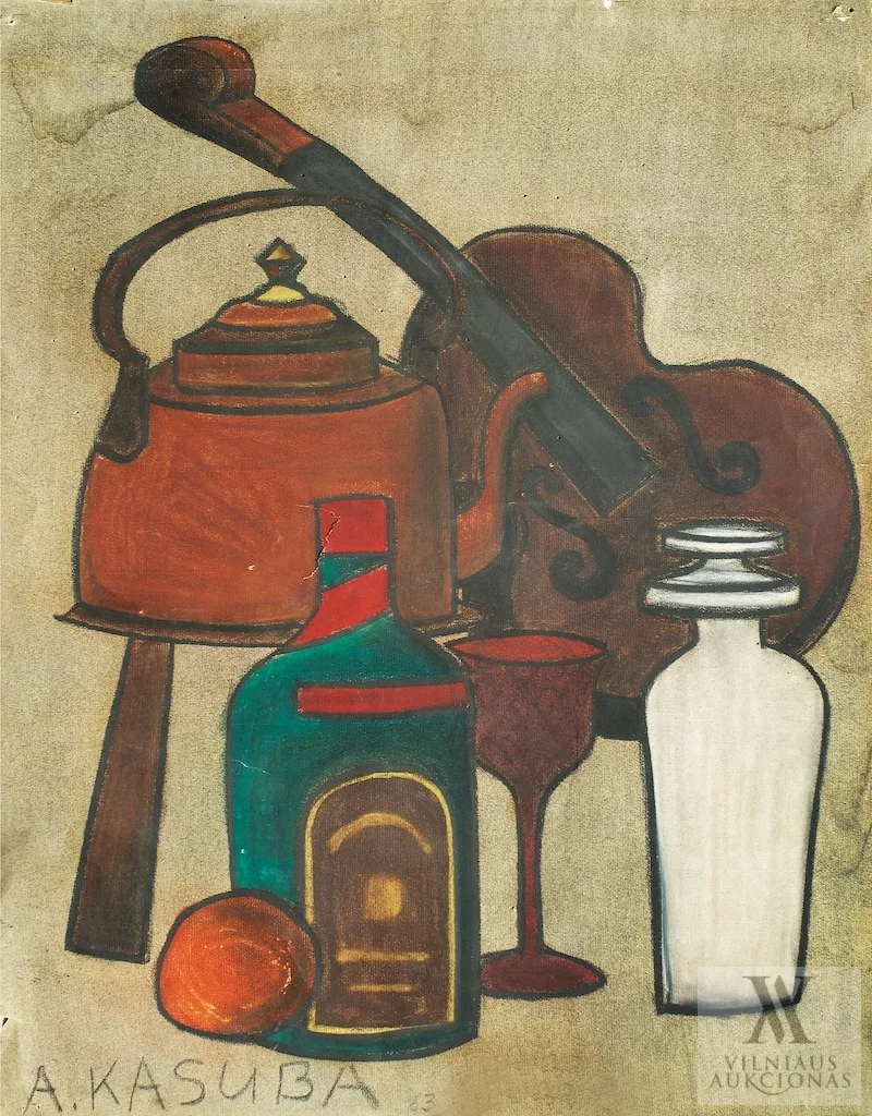 Aleksandras  Kašuba – Natiurmortas su smuiku ir virduliu
