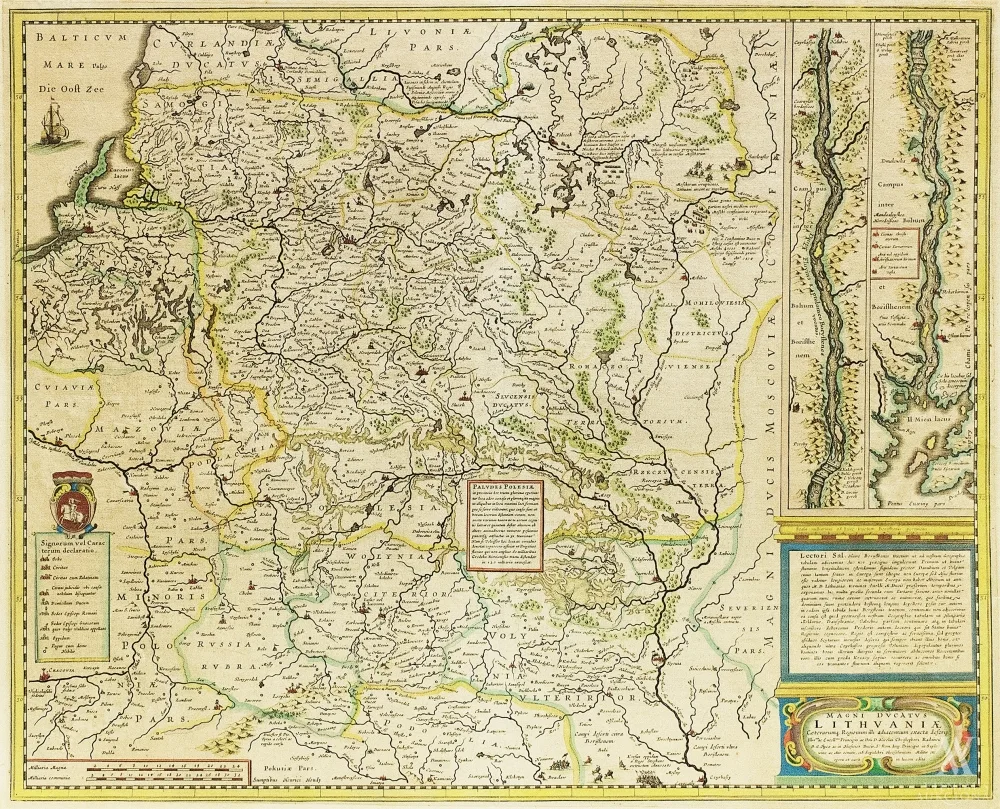 Henricus Hondius – Lietuvos didžiosios kunigaikštystės ir kaimyninių regionų žemėlapis su Dniepro vagos kartografine schema | Magni Ducatus Lithvaniae Caeterarumque Regionum illiadiacentium exacta descrip.