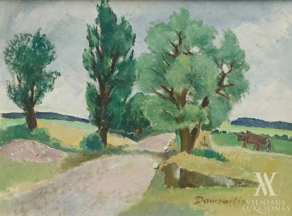 Pranas Domšaitis – Peizažas su keliu ir artoju