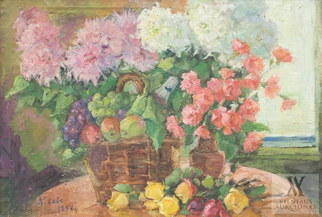 Nadežda Laže – Natiurmortas su gėlėm ir vaisių pintine
