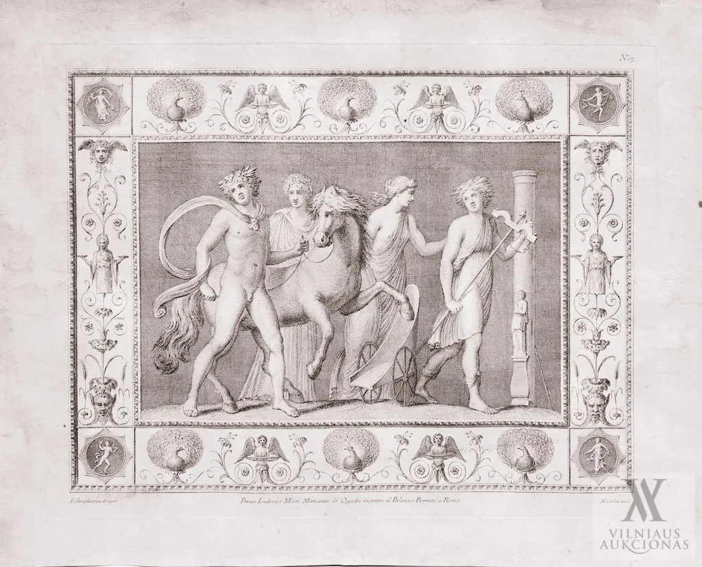 Pranciškus Smuglevičius – Antikinė scena (Nr. 13) Iš Lodovico Mirri išleisto Nerono Aukso rūmų (klaidingai vadintų Tito termomis) freskų albumo (1776-1787)