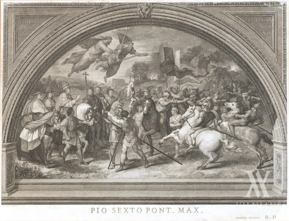 Bernardino Nocchi – Graviūra pagal Rafaelio freską „Leono Didžiojo ir Atilos susitikimas” Vatikane, Stanze di Raffaello/ Graviūra pagal Rafaelio freską „Švento Petro išlaisvinimas” Vatikane, Stanze di Raffaello