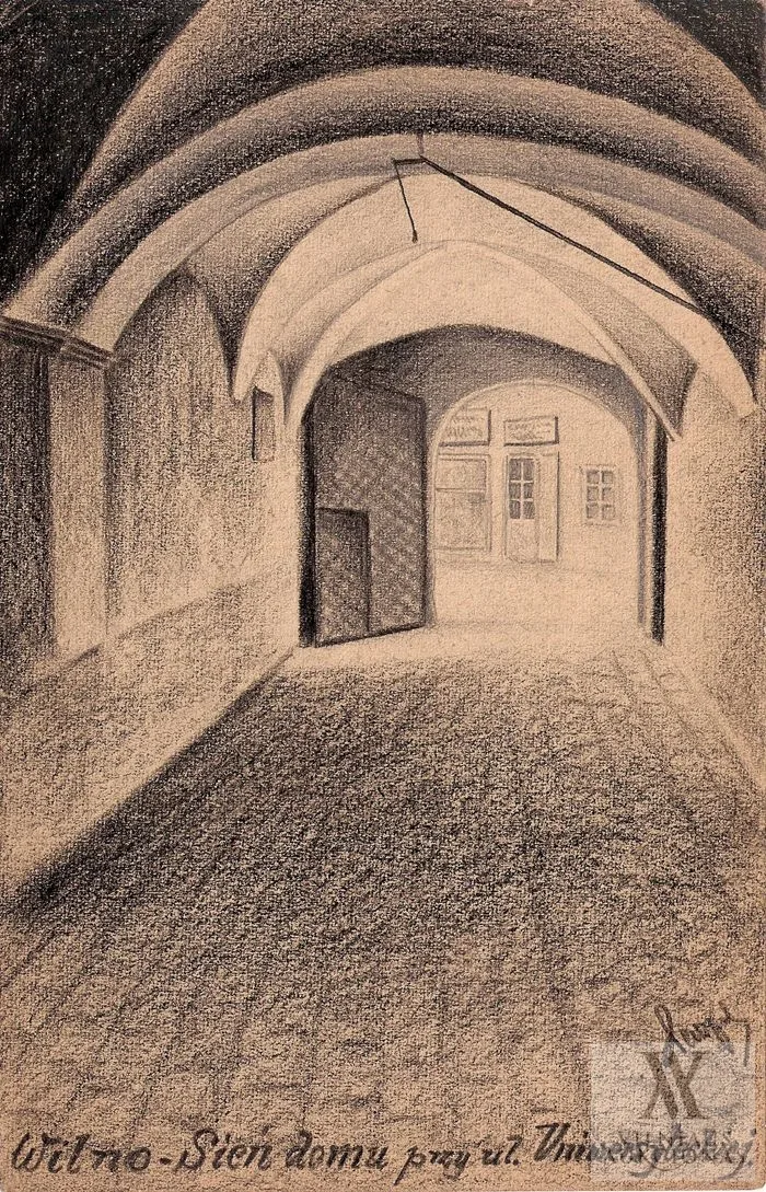M. Paczinsky – 3 Vilniaus fragmentai 1. Wilno - Fragment podwÃ²rza klasztoru BazylianÃ³w (Vilnius - Bazilijonų vienuolyno kiemo fragmentas) 2. Wilno. Ulica Å¹ydowska. (Vilnius. Žydų gatvė) 3. Wilno - Sień domu przy ul. Universyteckiej.