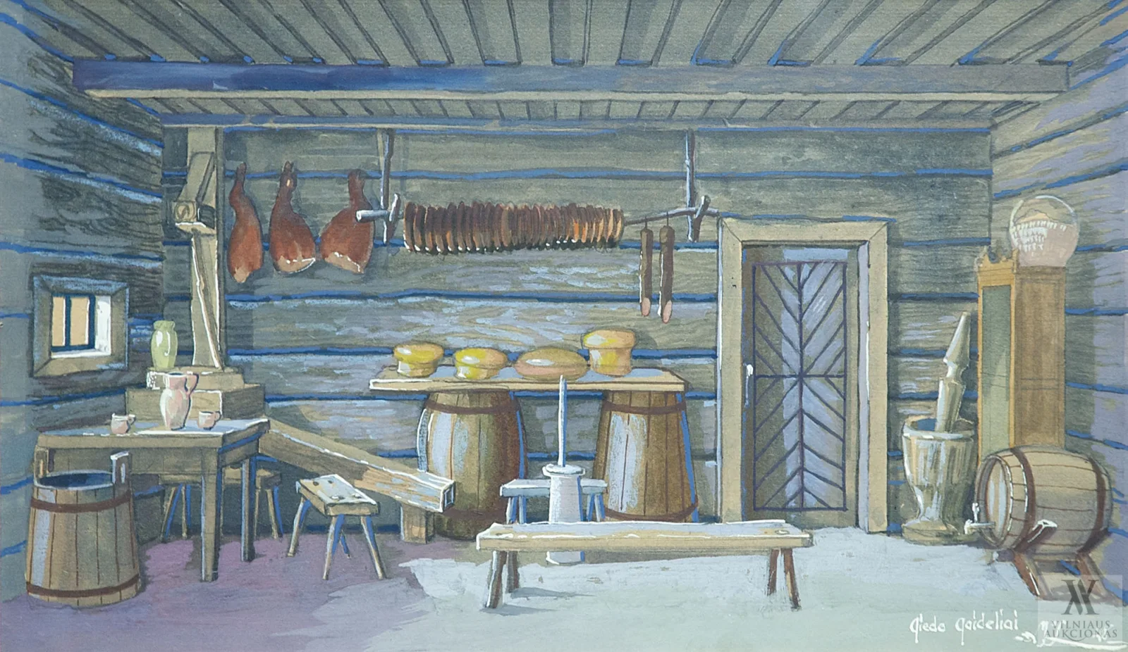 Mikalojus  Zelinskis (Николай Зелинский) – Scenografijos projektas spektakliui „Gieda gaideliai” (J. Baltušis,  rež. P. Kubertavičius, premjera: 1948 sausio 17 d)