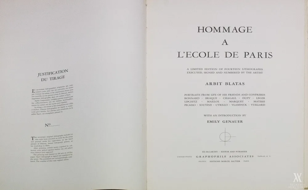 Neemija Arbit Blatas – Hommage a l‘École de Paris (aplankas su įvadiniu Emily Genauer tekstu ir 14 litografijų su Bonnard, Braque, Chagall, Dufy, Leger, Lipchitz, Maillol, Marquet, Matisse, Picasso, Soutine, Utrillo, Vlaminck, Vuillard portretais)