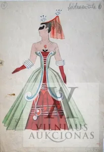 Stasys Ušinskas – Kostiumo eskizas „Dama su penkline”, J. Štrauso „Šikšnosparnis”, 1962 m.