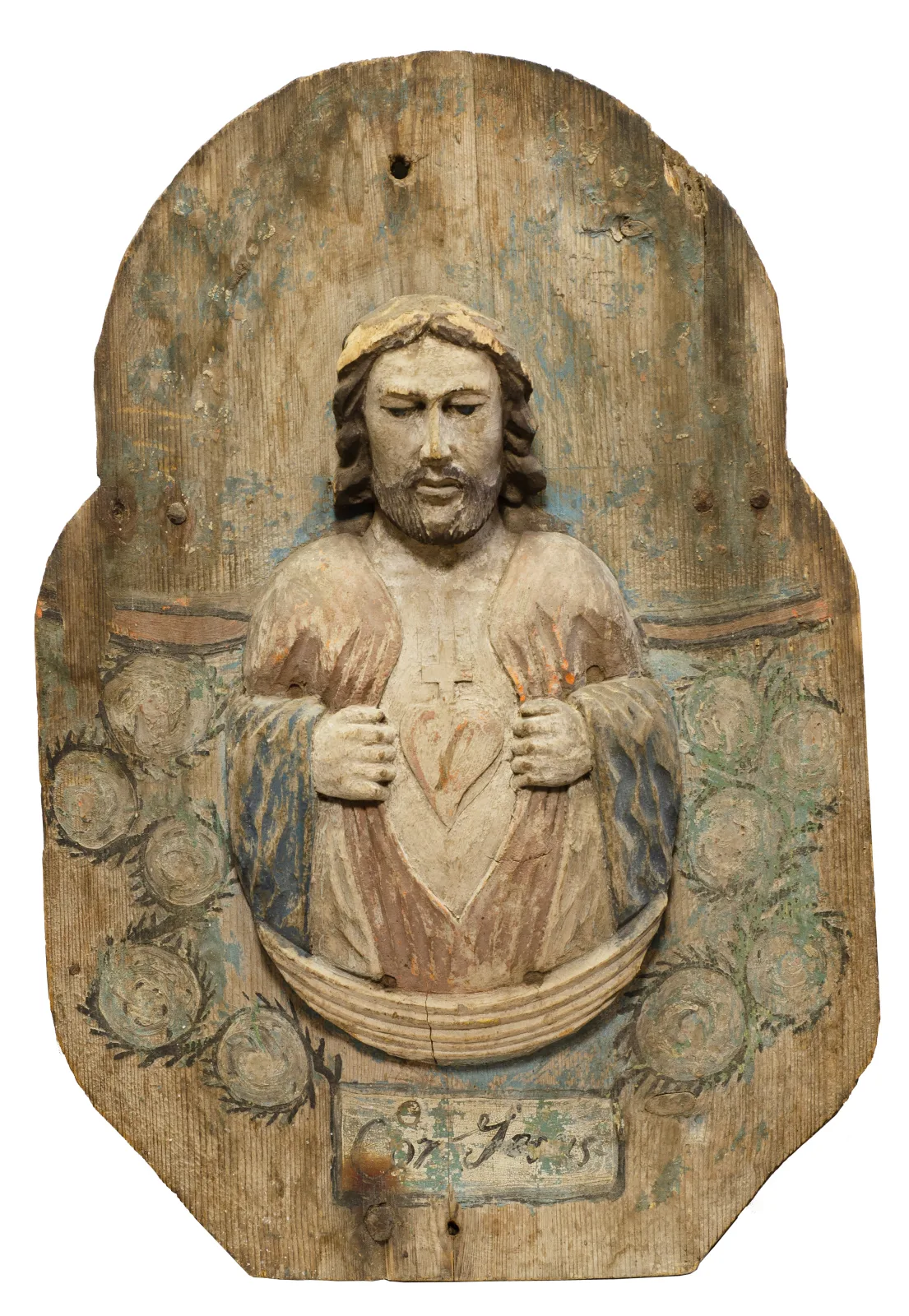 Lietuvių liaudies medinė skulptūrinė kompozicija „ Cor Jesus | Švč. Jėzaus Širdis”