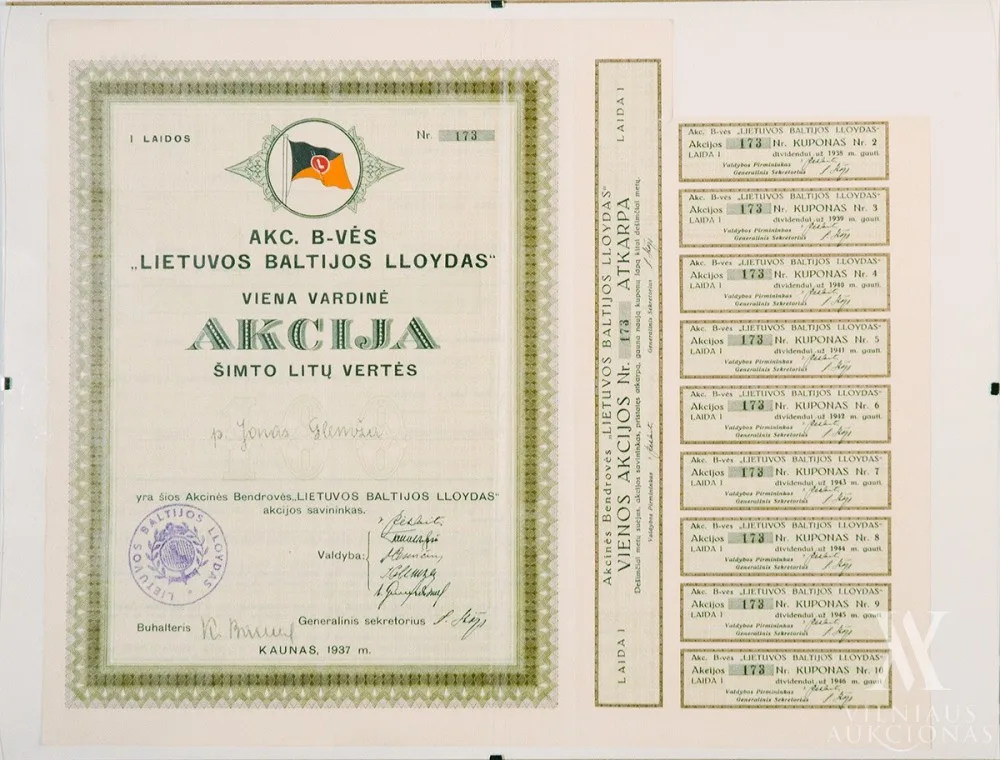 Akcinės bendrovės „Lietuvos Baltijos Lloydas” vardinė akcija (2 vnt.: nr. 172, 173) Šimto litų vertės, išduota p. Jonui Glemžai, su bendrovės valdybos narių parašais. 1937, Kaunas