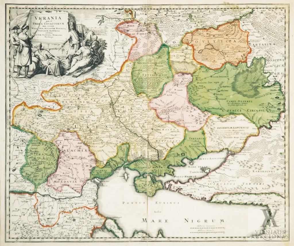 Johannas Baptistas Homannas (Johann Baptist Homann) – Ukraina, kazokų žemė su gretimomis Valachija, Moldova ir Mažąja Totorijos provincija Ukrania quae et terra Cosaccorum cum vicinis Walachiae, Moldaviae, minoris que Tartariae provinciis