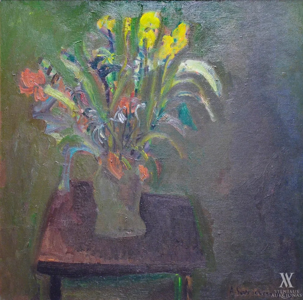 Augustinas Savickas – Gėlės rusvame fone