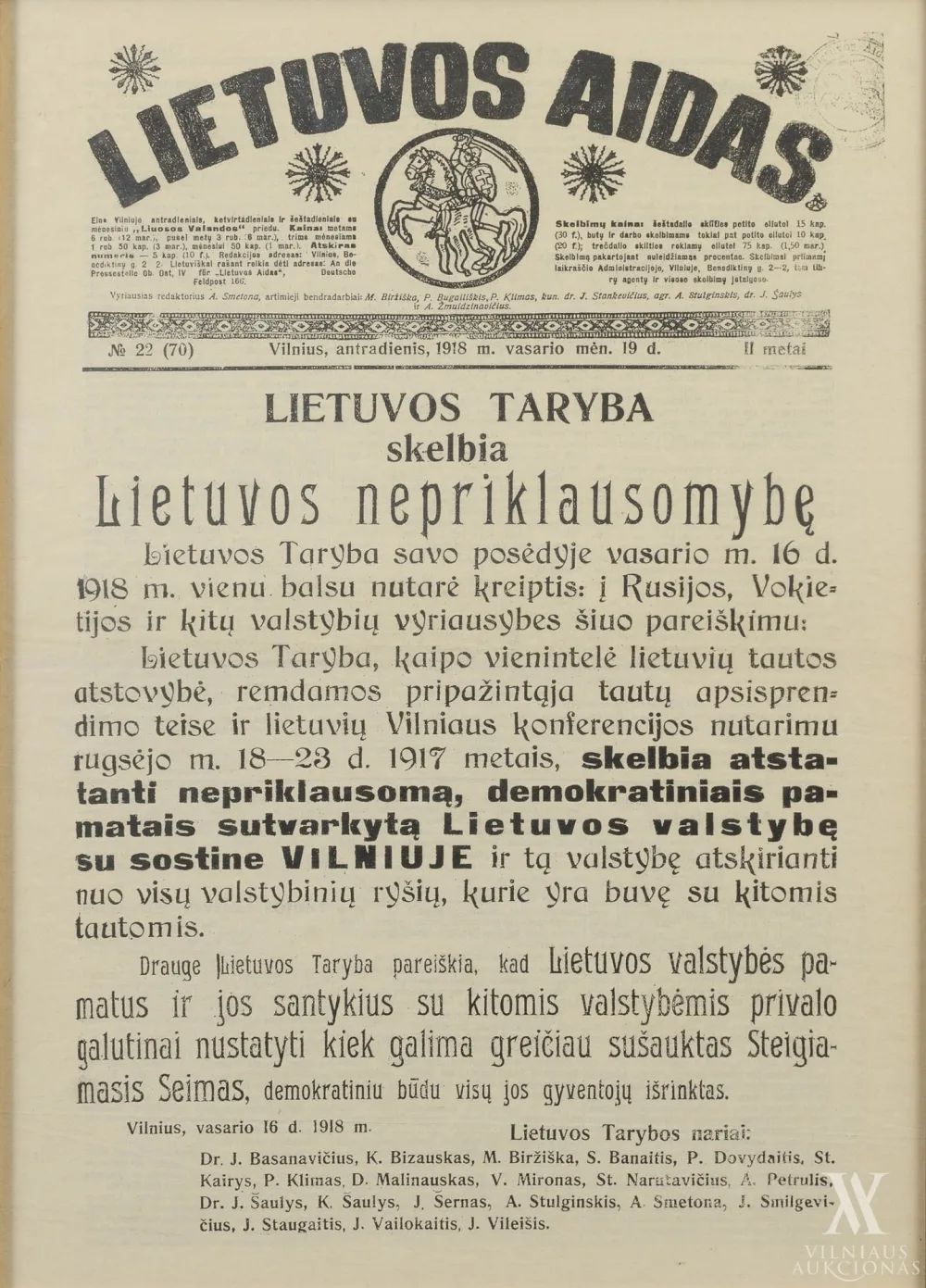 Laikraščio „Lietuvos aidas” 1918 m. vasario 19 d. egzempliorius