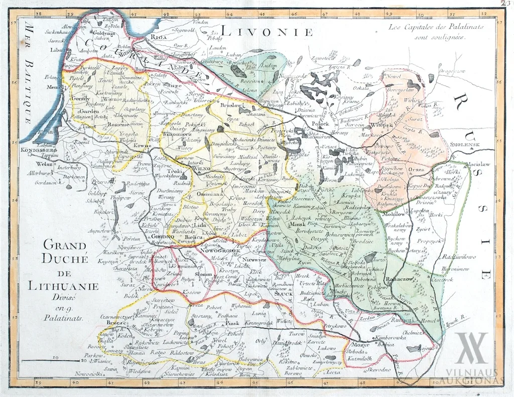 George Louis Le Rouge – Lietuvos didžioji kunigaikštystė, padalinta į 9 vaivadijas| Grand Duché de Lithuanie divisé en 9 palatinats