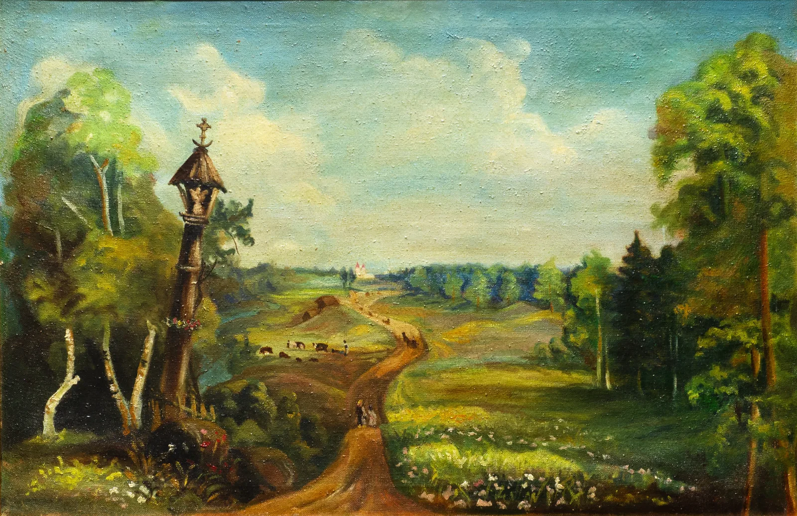 Autorius Nežinomas – Peizažas su koplytstulpiu (tolumoje – Krekenavos Švč. Mergelės Marijos Ėmimo į dangų bazilika)