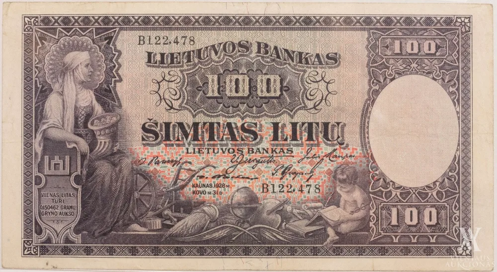 Lietuvos banko 100 litų banknotas ir banknoto pavyzdys