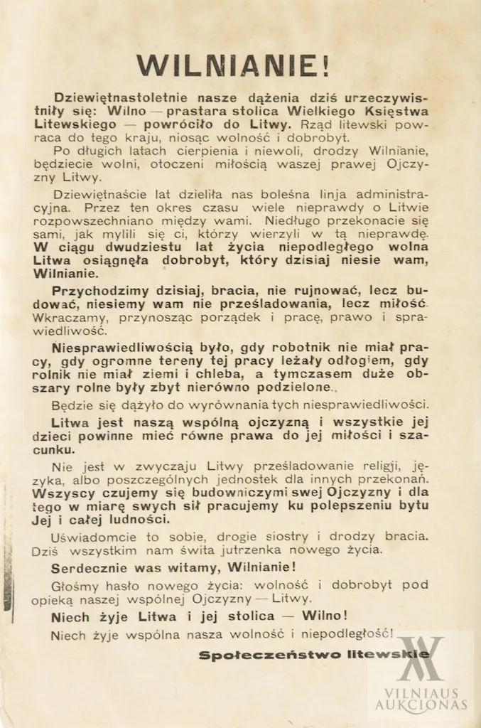 Wilnianie! / Atsišaukimas Lietuvai atgavus Vilnių