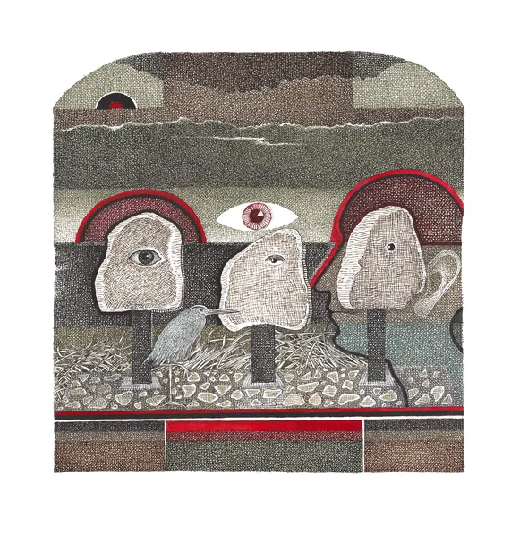 Birutė Stančikaitė(g. 1952) Menininkas ir jo skulptūros 2023, pop., spalvotas tušas, 60,5 x 50 cm Sign. AK: „Menininkas ir jo skulptūros“, AC: – piešinys tušu, AD: Birutė Stančikaitė 2023 m.