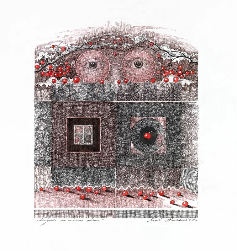 Birutė Stančikaitė(g. 1952) Žvilgsnis pro rožinius akinius 2022, pop., spalvotas tušas, 60 x 50 cm Sign. AK: „Žvilgsnis pro rožinius akinius“, AC: – piešinys tušu, plunksnele –, AD: Birutė Stančikaitė 2022 m.