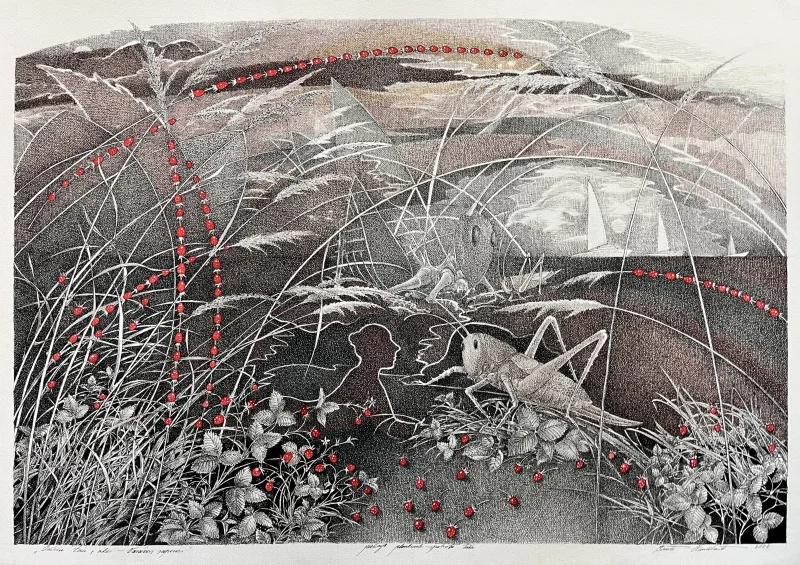 Birutė Stančikaitė(g. 1952) Žiūriu tau į akis – vasaros sapnas 2024, pop., spalvotas tušas, 70 x 100 cm Sign. AK: „Žiūriu tau į akis – Vasaros sapnas“, AC: piešinys plunksnele – spalvotu tušu, AD: Birutė Stančikaitė 2024 m.