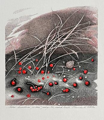 Birutė Stančikaitė(g. 1952) Pabiro šermukšniai po žemę 2021, pop., spalvotas tušas, 59 x 49 cm Sign. AK: „Pabiro šermukšniai po žemę“, AC: piešinys tušu plunksnele, AD: Birutės Stančikaitės 2021 m.