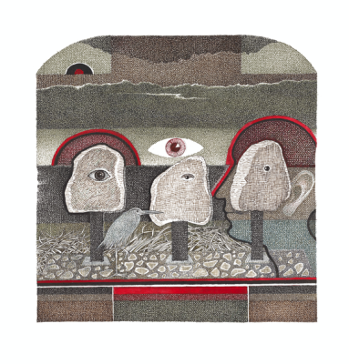 Birutė Stančikaitė(g. 1952) Menininkas ir jo skulptūros 2023, pop., spalvotas tušas, 60,5 x 50 cm Sign. AK: „Menininkas ir jo skulptūros“, AC: – piešinys tušu, AD: Birutė Stančikaitė 2023 m.