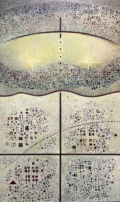Birutė Stančikaitė(g. 1952) Dvi šviesos – du pasauliai 2008, drb., aliejus, 150 x 90 cm Sign. AD: parašas